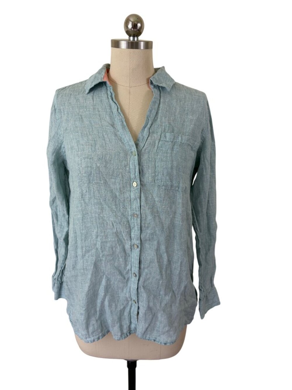 C&C California Linen Button Down Shirt Womens Small Blue Coastal Lagenlook Boho